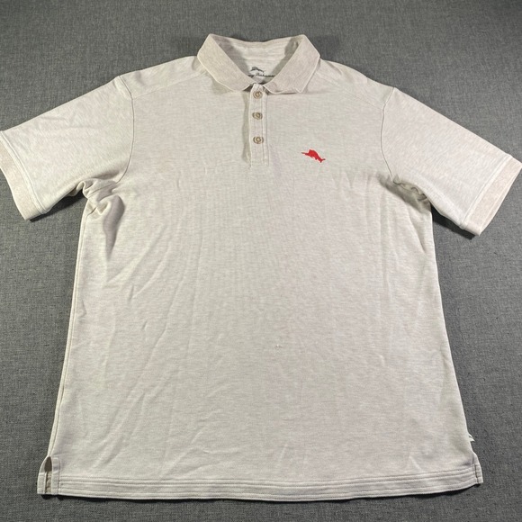 Tommy Bahama Emfielder 2.0 Polo Shirt Mens M Red Fish Logo Beige Short Sleeve - Picture 1 of 7